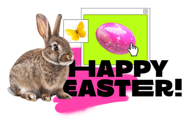Texto feliz pascua con conejo, huevo y mariposa PNG, SVG