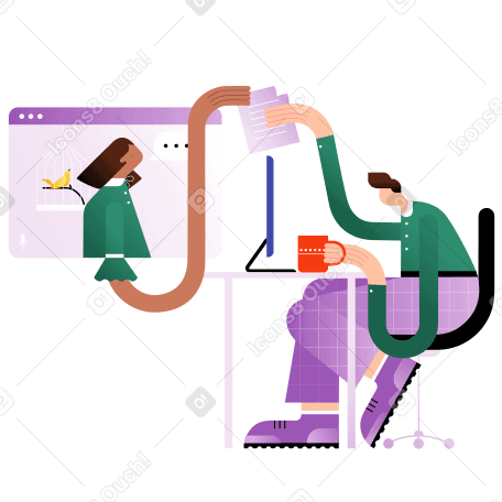 Man handing document over to woman while working at desk Illustration in PNG, SVG
