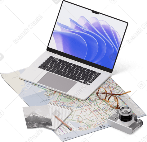 3D Visão isométrica de mapa, laptop, câmera, óculos, cartão postal PNG, SVG