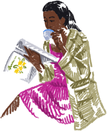 Young woman drinking coffee and reading a magazine в PNG, SVG
