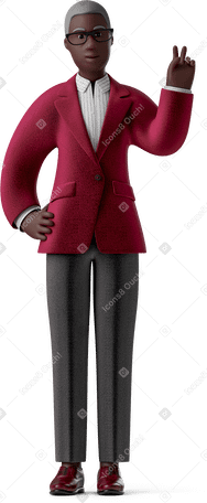 3D old black businesswoman in glasses and suit with peace sign  Illustration in PNG, SVG