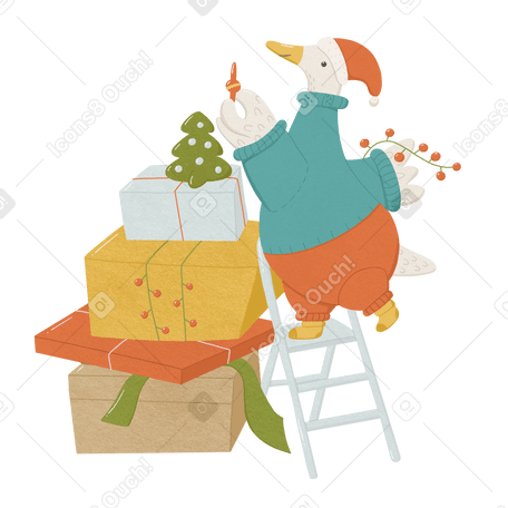 Goose standing on the stairs and decorating small Christmas tree PNG, SVG