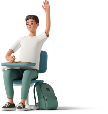 male student sitting at green desk and raising his hand PNG, SVG