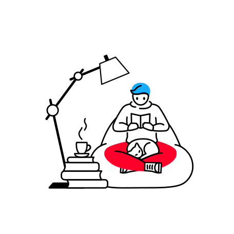 Man reading in an armchair with a floor lamp and books Illustration in PNG, SVG