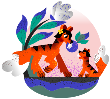 Тигрица кормит своего детеныша фруктами в PNG, SVG