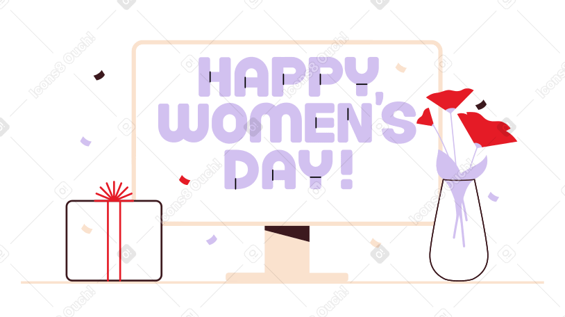 刻字妇女节快乐！带花和礼盒 PNG, SVG