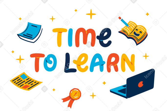 Time to learn lettering with flying books and a laptop PNG、SVG