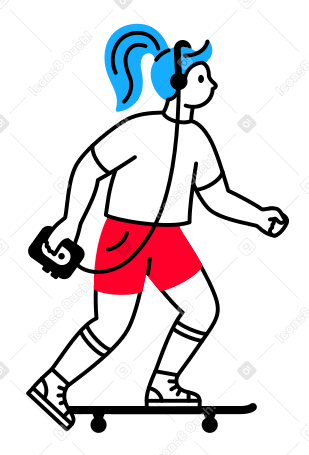 girl riding a skateboard and listening to cassette player Illustration in PNG, SVG