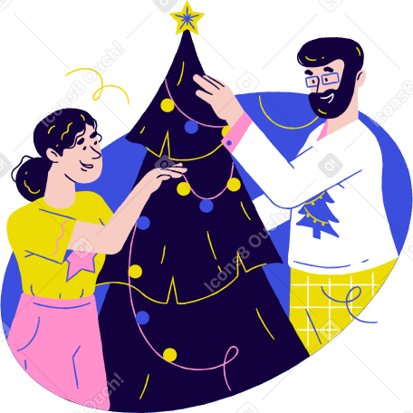 Hombre y mujer decoran un árbol de navidad PNG, SVG