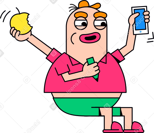 character with phone, pencil and apple in hands PNG, SVG