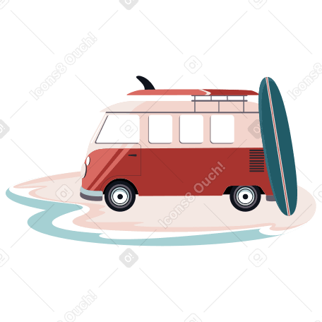 Minivan on the beach with surfboards on the roof Illustration in PNG, SVG