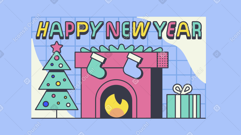 Lettering Happy New Year with Christmas tree and fireplace Illustration in PNG, SVG