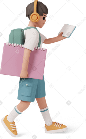 3D school boy reading book with headphones on Illustration in PNG, SVG