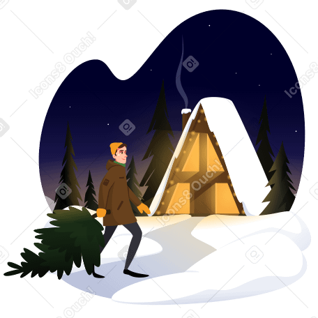Зимний домик и парень с елкой в PNG, SVG