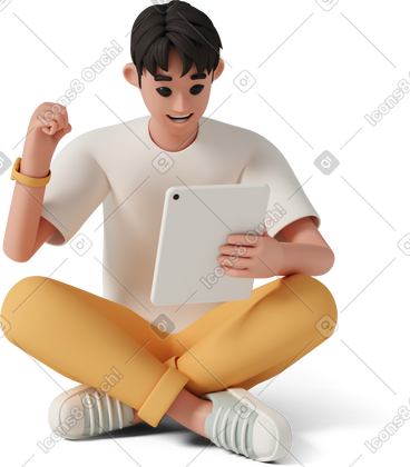 Happy man with tablet celebrating success PNG, SVG