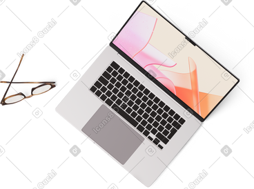 Top view of laptop and glasses PNG, SVG