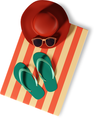 beach towel, hat, sunglasses and slippers PNG, SVG