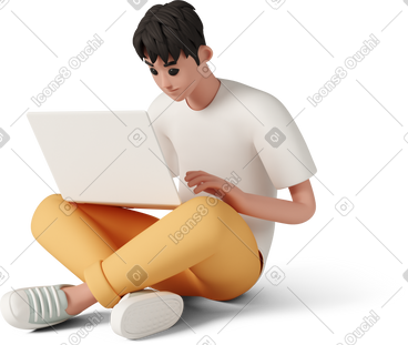 Man sitting cross-legged and working on laptop PNG, SVG