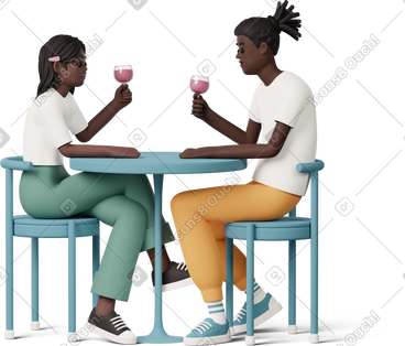 Young girl and boy sitting at the table and drinking vine PNG, SVG