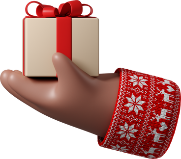 Mão de pele marrom em suéter vermelho com padrão de natal segurando caixa de presente PNG, SVG