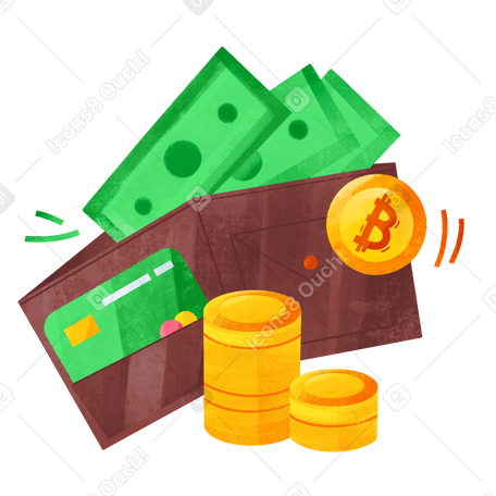 bills, coins and a credit card in a brown wallet Illustration in PNG, SVG