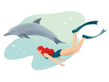 Young woman freediver swim with a dolphin PNG, SVG
