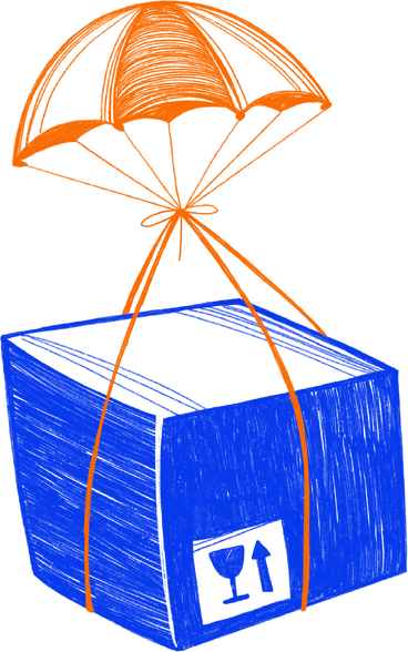 blue cardboard box with orange parachute PNG, SVG