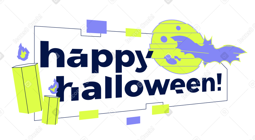 Текст счастливого хэллоуина со свечами, летучей мышью и луной в PNG, SVG