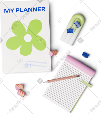 3D top view of planner and notebook with geometric figures PNG, SVG