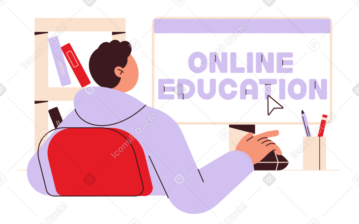 Надпись «онлайн-образование» с парнем, который учится на компьютере в PNG, SVG