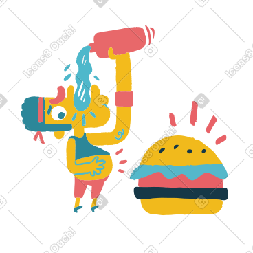 Man with burger gulping water PNG, SVG