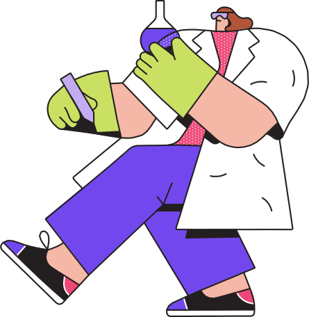 scientist in glasses and a coat with flasks Illustration in PNG, SVG