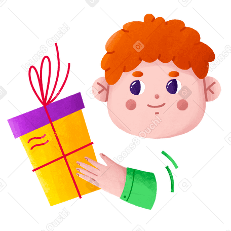 Redheaded man smiles and holds a gift in his hand Illustration in PNG, SVG