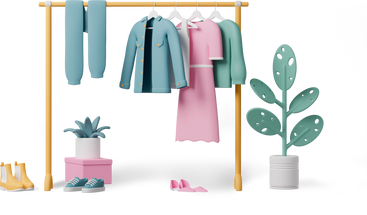 Kleiderbügel mit kleidung, umgeben von pflanzen und schuhen PNG, SVG