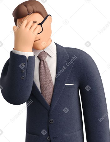 3D Businessman in dark blue suit and glasses facepalming Illustration in PNG, SVG