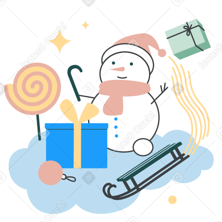 Muñeco de nieve con dulces y regalos para año nuevo y navidad. PNG, SVG
