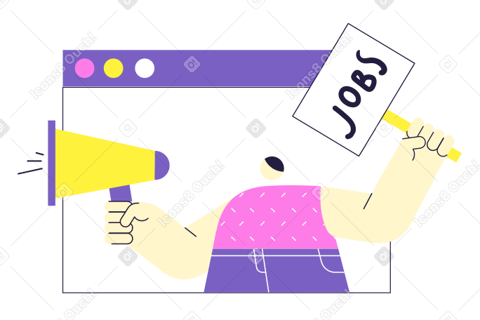 Man with loudspeaker in browser window looking for employees online Illustration in PNG, SVG