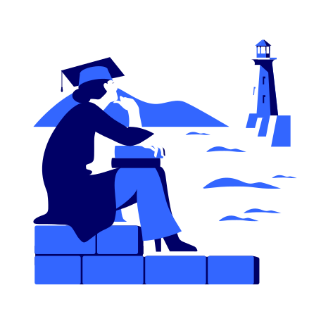 College graduate girl in graduate cap and mantle sits on seashore and looks at lighthouse Illustration in PNG, SVG