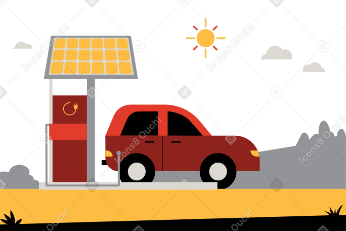 Автомобиль на зарядной станции, работающей на солнечной энергии в PNG, SVG