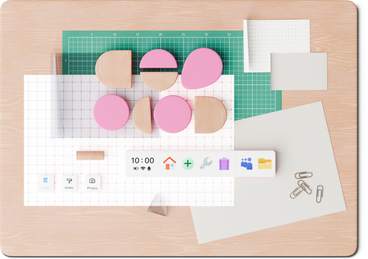 top view of desk with papers and design program buttons PNG, SVG