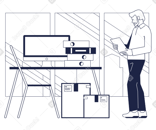 Illustration Employé de bureau avec un papier à la main, debout à côté d'une grande pile de documents aux formats PNG, SVG