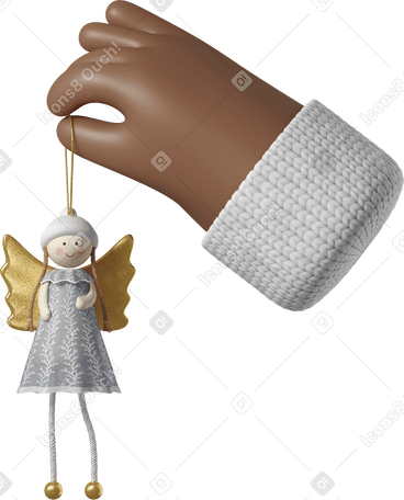 3D Рука с темно-коричневой кожей держит игрушку рождественского ангела в PNG, SVG