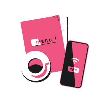 Cup of coffee top view, folder with cafe menu and smartphone with online payment function PNG, SVG