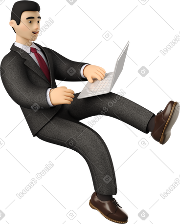 Seated businessman in black suit with laptop PNG, SVG