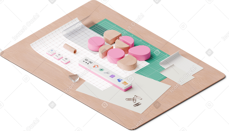 3D isometric view of desk with papers and design program buttons PNG, SVG