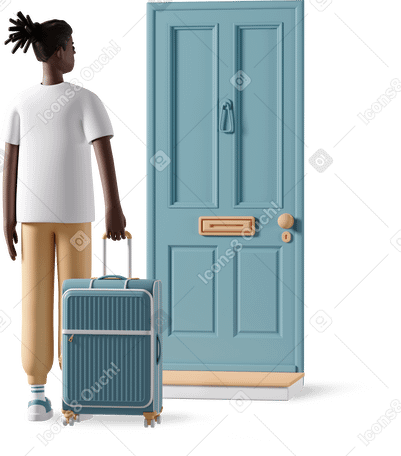 Иллюстрация 3D boy with suitcase and door travel в PNG и SVG