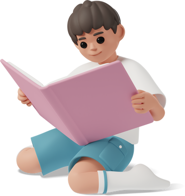 boy sitting on knees and reading book PNG, SVG
