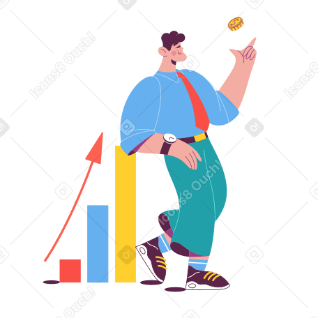 Man leaning on a growth chart while tossing a coin Illustration in PNG, SVG