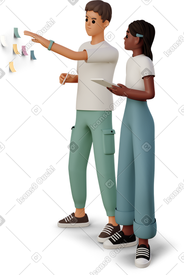 Young man and woman sticking notes on wall PNG, SVG