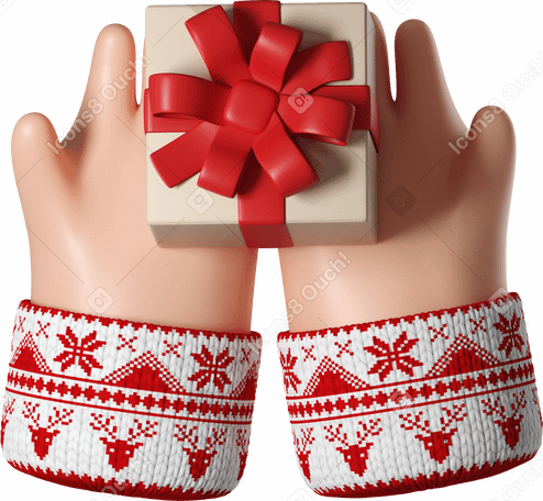 3D White skin hands in white Christmas sweater holding gift box PNG, SVG